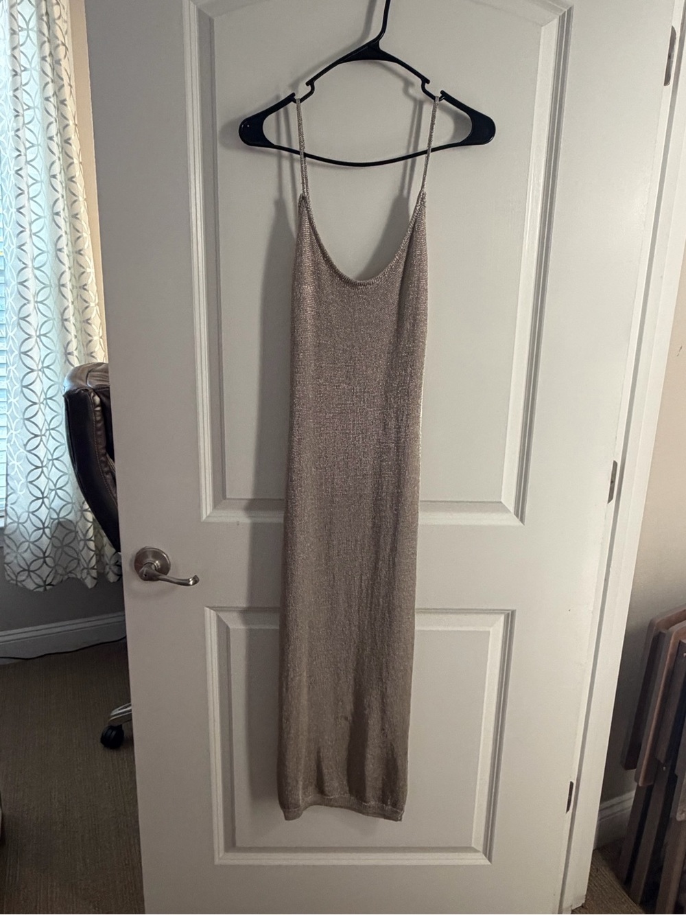 Metallic Beige Slip Maxi Dress - Women's Elegant Evening Dress